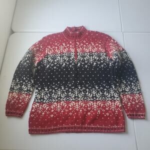 Lauren Ralph Lauren Sweater Womens Medium Red Fair Isle Wool 1/4 Zip Mock Neck